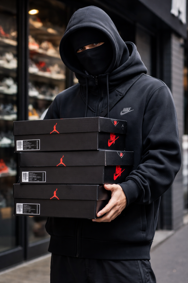 masked man holding sneaker boxes